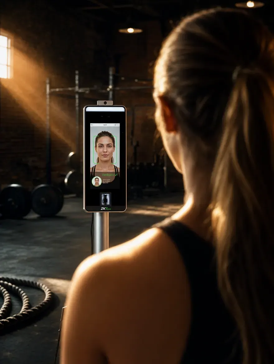 Socia frente a una terminal de reconocimiento facial en la entrada del gimnasio